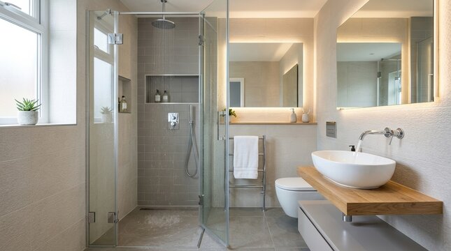 Modern compact bathroom with a glass shower enclosure, tiled walls, a sleek sink beneath a mirror with soft backlighting, and