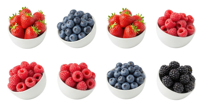 assorted berries in white bowls isolated on white background freshness nutrition concepts