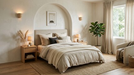 Fototapeta premium Serene bedroom sanctuary with natural light and cozy textures