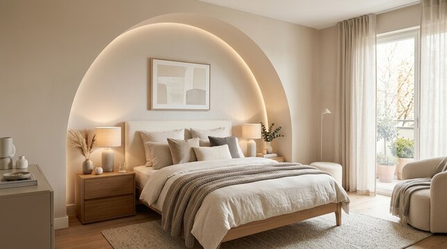 Modern bedroom with a soft architectural arch framing the bed niche, featuring layered textiles, matching bedside tables, and