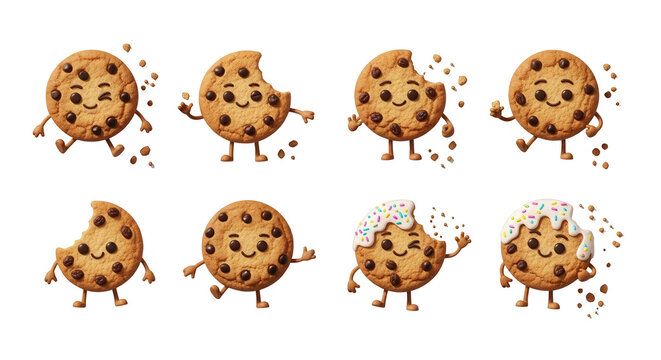 animated chocolate chip cookies different expressions actions on a white background childrens content