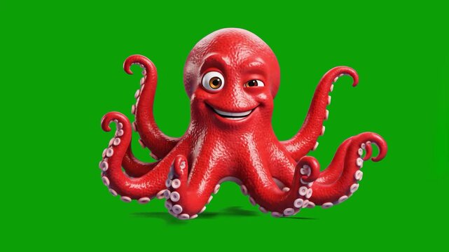 A vibrant red 3D cartoon octopus with a large smile and one winking eye dances rhythmically, moving its tentacles, against a chroma key green screen background. This fun aquatic mascot is ideal for ch
