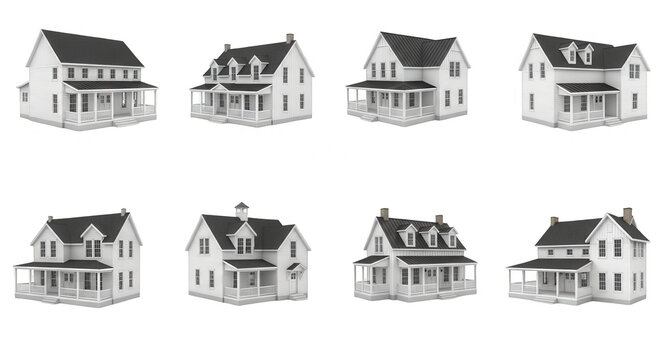 assortment of eight white houses in varying designs set on white backdrop architectural real estate and design use