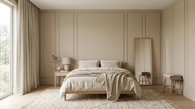A stylish empty bedroom with beige panel walls and a minimal bed dressed in soft linen, framed by a curtain and textured rug in
