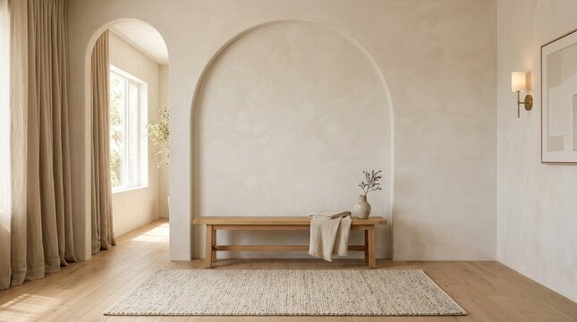Front-facing view of an elegant empty room with a plaster wall backdrop, centered oak bench, rug beneath, and curtain framing the