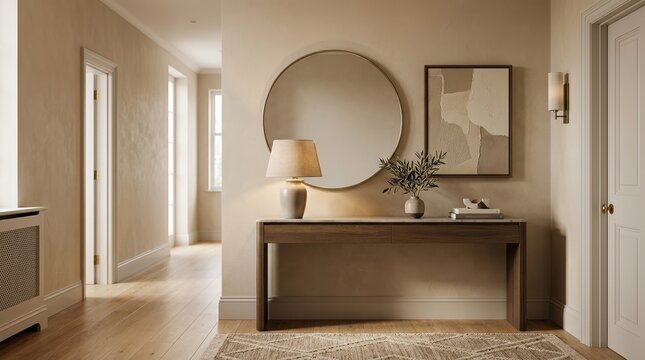 An elegant premium hallway interior with a sleek console table beneath a mirror, accented by a lamp, artwork, and a textured rug,