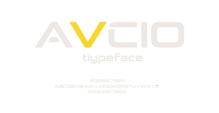 A modern typeface design with the AVCIO logo prominently displayed on a clean white background