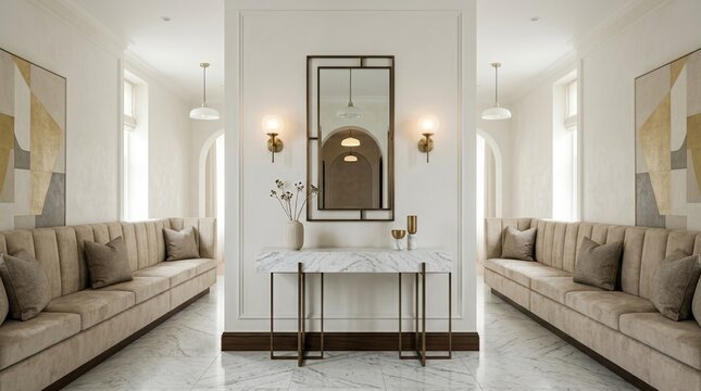 Front-facing composition of a minimalist luxury hallway interior showcasing a marble console, mirror, banquette, and lighting, all
