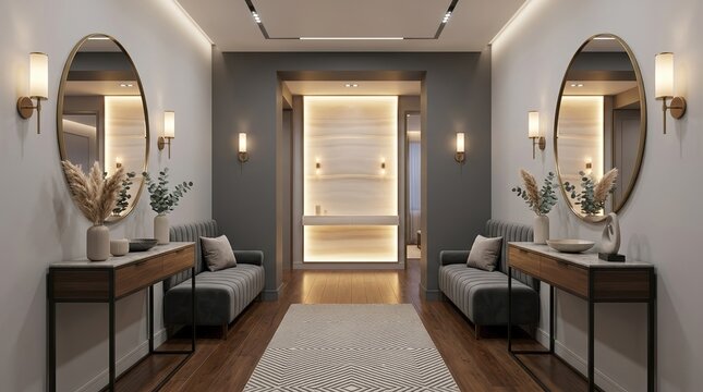 Front-facing composition of a contemporary hallway interior showcasing backlit panels, a console, mirror, banquette, and decor,