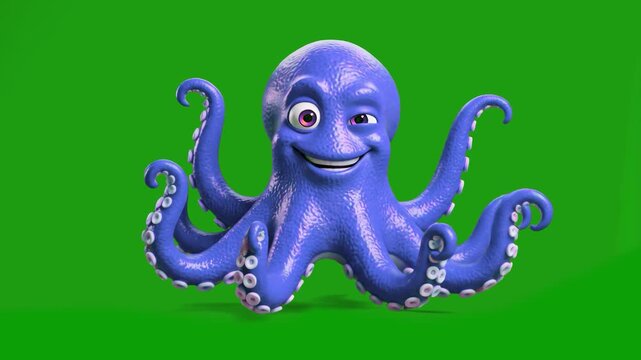A playful 3D cartoon character of a friendly purple octopus with big eyes smiling and standing in place against a chroma key green backdrop. Excellent for children's educational content, animated stor