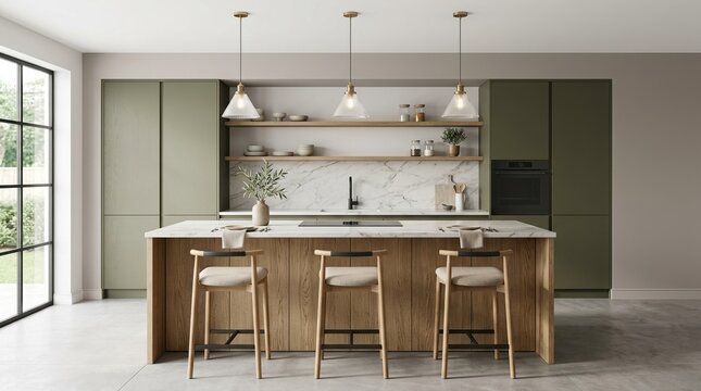 Front-facing view of a premium kitchen with olive cabinet fronts, a central stone island, oak textures, stools, and pendant lights