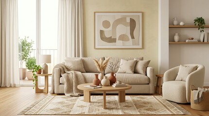 Fototapeta premium Front-facing composition of a modern living room interior showcasing a sofa, natural materials, clay decor, linen textiles, and a