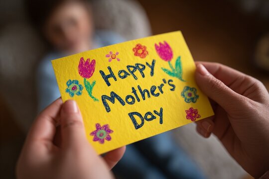 Mother's Day, child, greeting card, Child holding a colorful Mother's Day card indoors, celebrating love and appreciation in a warm, joyful atmosphere
