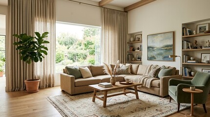 Fototapeta premium Cozy neutral living room with sectional sofa and large window overlooking greenery