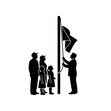Family raising flag together outdoors.