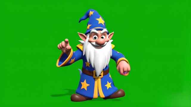 A cheerful 3D animated dwarf wizard in a blue robe and starry hat performing a dance. He points a finger and grooves, set against a solid green background for background replacement.