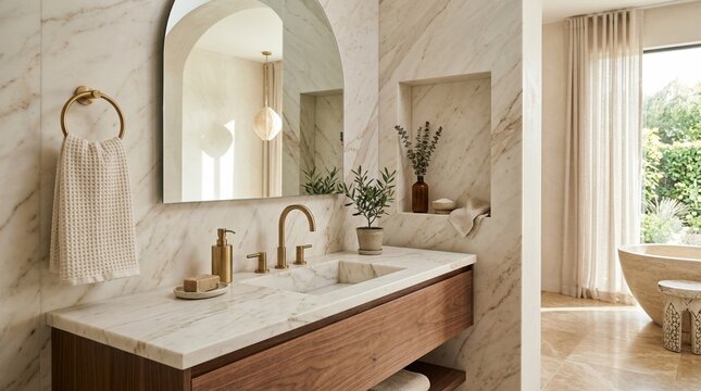Sunlit luxury bathroom interior featuring smooth marble surfaces, a sleek sink, mirror with gentle reflection, brass accents,