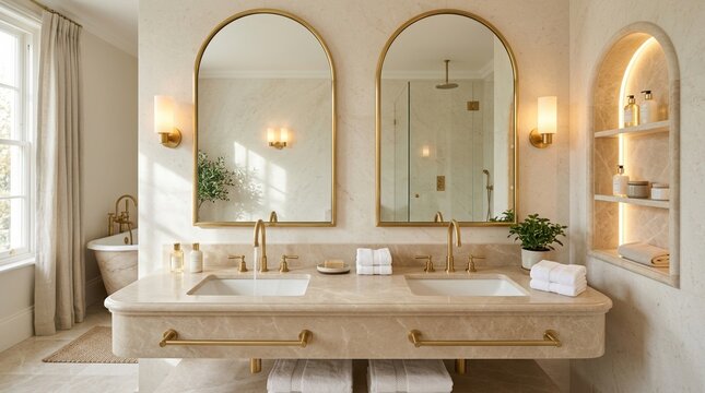 An upscale luxury bathroom interior with a perfectly symmetrical double sink vanity in beige marble stone, twin mirrors, brass