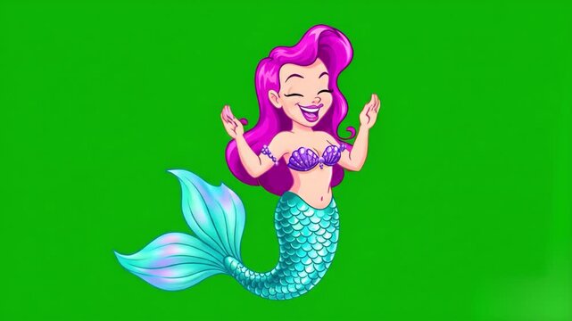 An animated 2D cartoon mermaid with purple hair and a blue tail is shown dancing happily. The loopable vector character is isolated on a chroma key green screen background.
