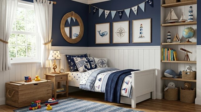 Corner view of a nautical kids room with blue and white colors, a bed, rope decor, posters, shelves, toys, and soft lighting,