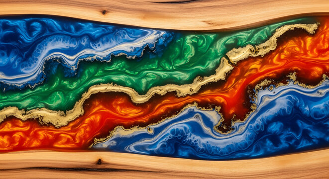 Abstract epoxy river table with vibrant blue, green, red, and gold resin art, creating a stunning visual flow
