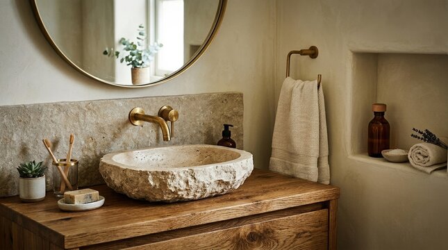 Close-up vignette of an oak vanity with visible wood texture, stone sink, brass faucet, mirror reflection, and towel beside a