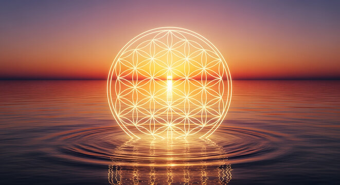 Sacred geometry flower of life glowing in a tranquil ocean sunrise, embodying spiritual connection and cosmic harmony
