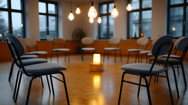 Support group circle of men in community center, folding chairs arranged intimately, tissue box centered, warm pendant lights creating safe atmosphere overhead, ideal for emotional