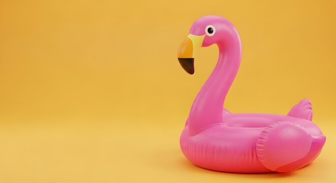 A pink flamingo pool float on yellow background