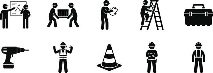 Naklejka premium Construction workers and tools depicted as simple black silhouette icons