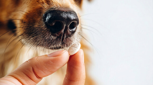 Golden retrivier og sniffing deworming tablet held by hand in bright indoor setting  