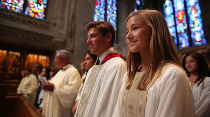 Fototapeta premium Confirmation class teenagers receiving blessing from bishop in Gothic cathedral, white robes and formal attire, stained glass casting colored light, Christian coming of age sacrame