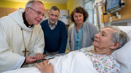 Obraz na płótnie Canvas Catholic priest anointing elderly hospital patient with holy oil, family gathered around medical bed, gentle pastoral care and end of life sacrament, ideal for spiritual comfort, h