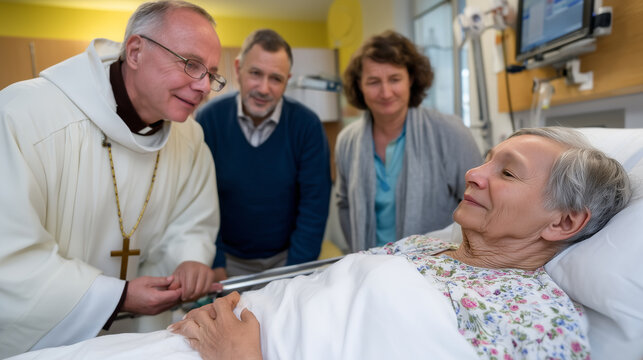 Catholic priest anointing elderly hospital patient with holy oil, family gathered around medical bed, gentle pastoral care and end of life sacrament, ideal for spiritual comfort, h