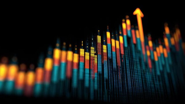 Abstract financial chart animation showing glowing digital stock market graph with orange upward arrow indicating business profit success growth and bullish trend in modern corporate office.