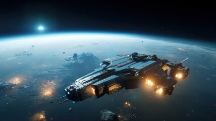 Naklejka premium Space universe exploration, fantasy. A vivid, highresolution digital artwork depicts a futuristic space scene. A large, sleek.