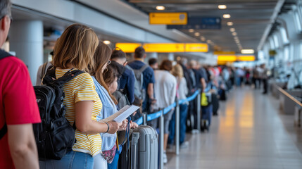 Obraz premium Airport immigration queue stretching toward distant processing booths, families with luggage waiting under fluorescent lighting, multilingual signage overhead, diverse travelers ho