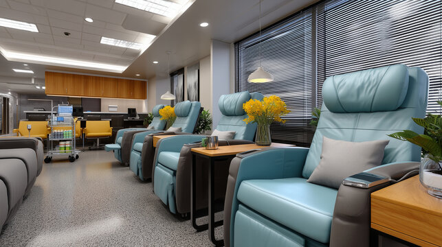 Medical tourism airport lounge for recovery travelers, comfortable reclining chairs with privacy screens, nursing staff monitoring patients awaiting connecting flights, medical sup