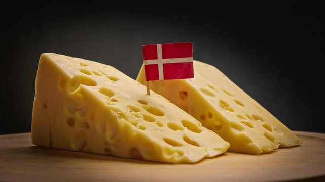 Classic triangular cheese on board for sandwiches from traditional Danish farms and Denmark flag.