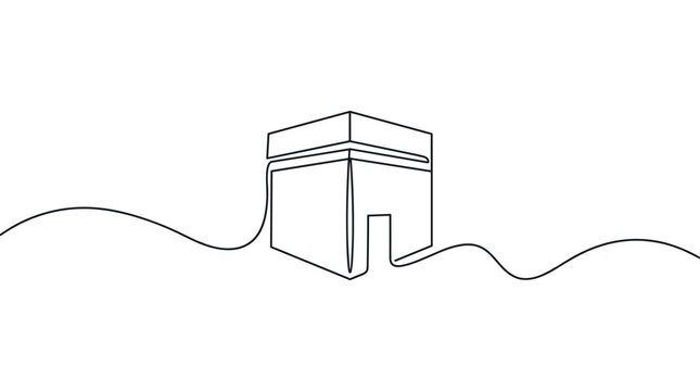 Minimalist Kaaba drawing on white background with wavy lines representing ground