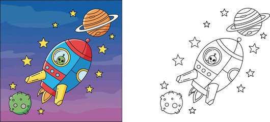 Cute Alien Rocket Ship in Outer Space with Planets and Stars, Cartoon Illustration and Coloring Page Version for Kids Education and Fun Activity Book Vector © MMONIR