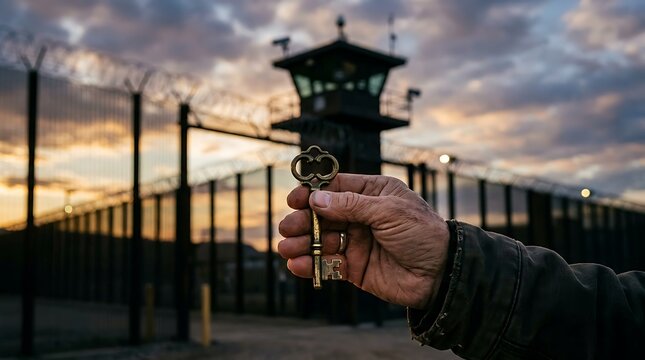 Hand Holding Old Key in Front of Prison Fence at Sunset, Symbolizing Security, Freedom, and Escape