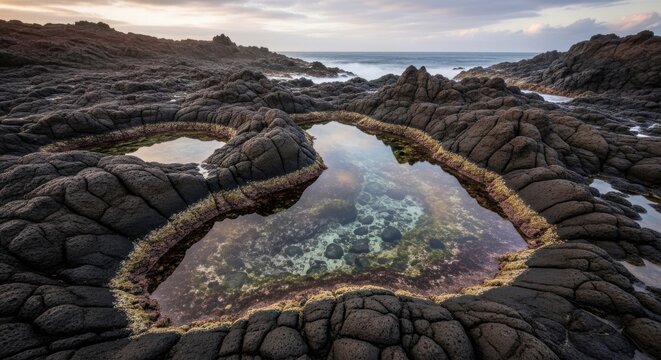 Textured volcanic rock formations carved by the ocean with tide pools reflecting the sky
