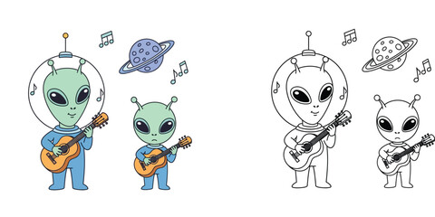 Cute Aliens Playing Guitar in Space Cartoon Illustration with Planets and Music Notes, Coloring Page Version, Kawaii Extraterrestrial Musicians Vector Set for Kids Activity Books © MMONIR
