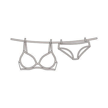 Minimalist lingerie line art vector, female underwear set hanging on clothesline, simple bra and panties outline illustration for laundry or fashion
