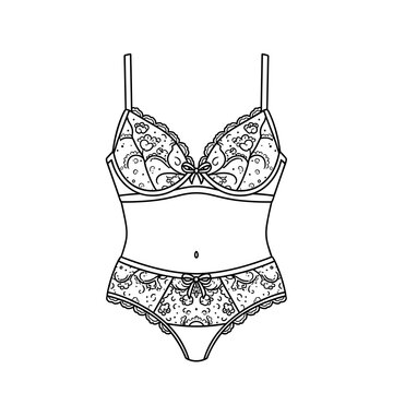Lingerie line art vector illustration, elegant lace bra and panties set, feminine underwear fashion sketch, black and white intimate apparel design