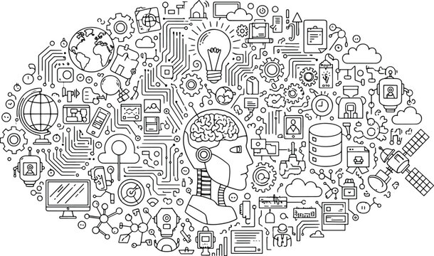 Artificial intelligence and global technology network with robot head data servers and internet of things icon set