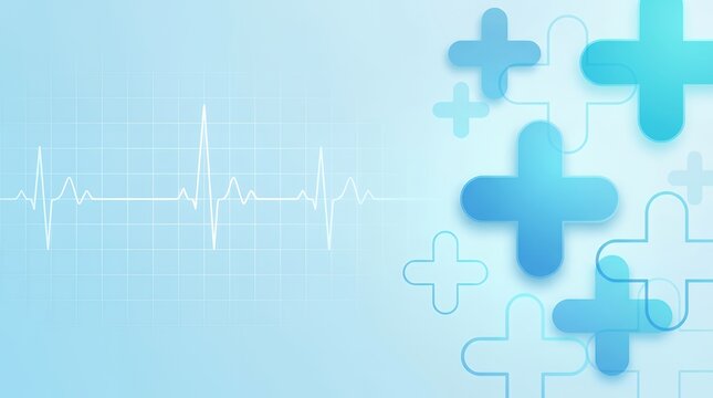 Medical healthcare background with blue cross icons, heartbeat pulse line on soft gradient, clinical science wallpaper for hospital presentation