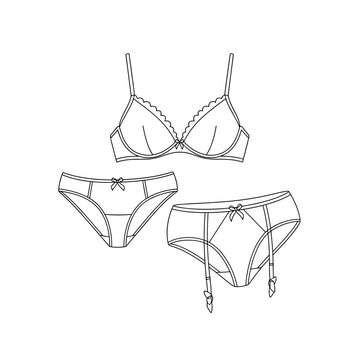 Lingerie technical sketch vector set, female underwear flat fashion illustration, bra and panties with garter belt line art drawing