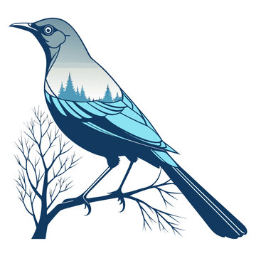 An artistic depiction showcases a blue jay silhouette filled with a serene mountain landscape creating a unique nature inspired composition high quality
